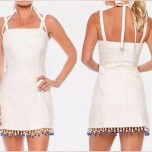 XS House of Harlow 1960 Beaded-Trim White Linen Minidress